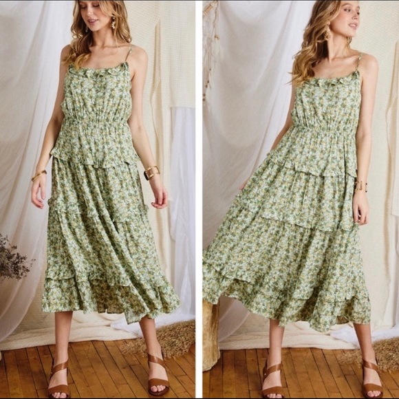 New! Clearance 🔥Sage Floral Tiered Ruffle Adjustable Spaghetti Strap Maxi Dress - Picture 2 of 7